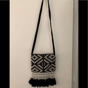 Fabric Made Small Purse Adorned With Hanging Bead’s.. Extra Long Strap